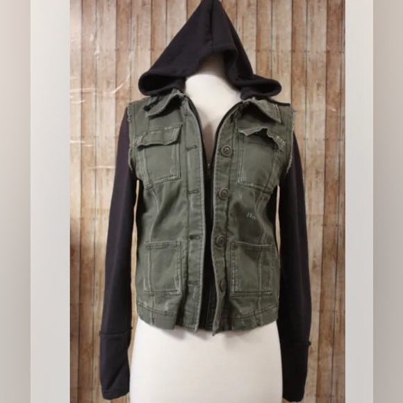 Free People Jackets & Blazers - Free people Green Knit Twill Hybrid Hooded Utility Jacket Women Distressed XS